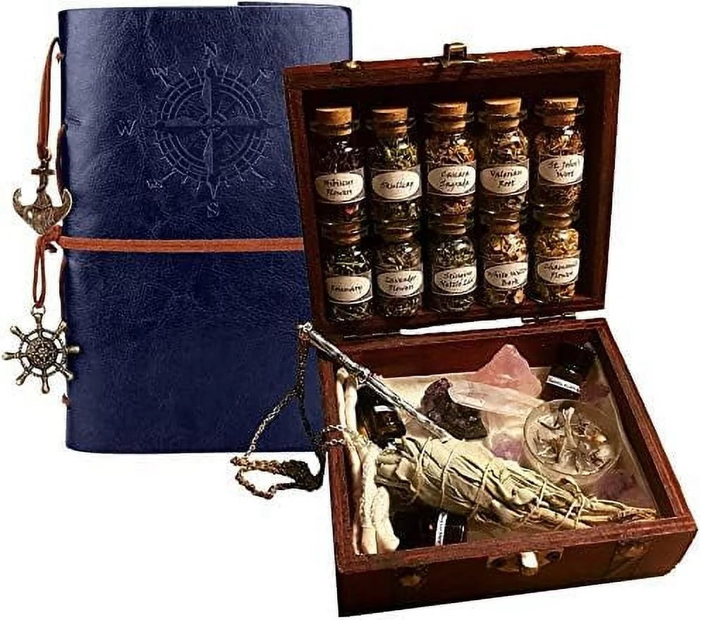 Witchcraft Kit with Wooden Box Sage Incense Rose Quartz Crystals F44827