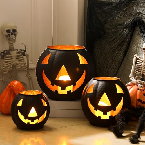 3 Pcs Metal Jack O Lanterns Pumpkin Set with LED Candles C278