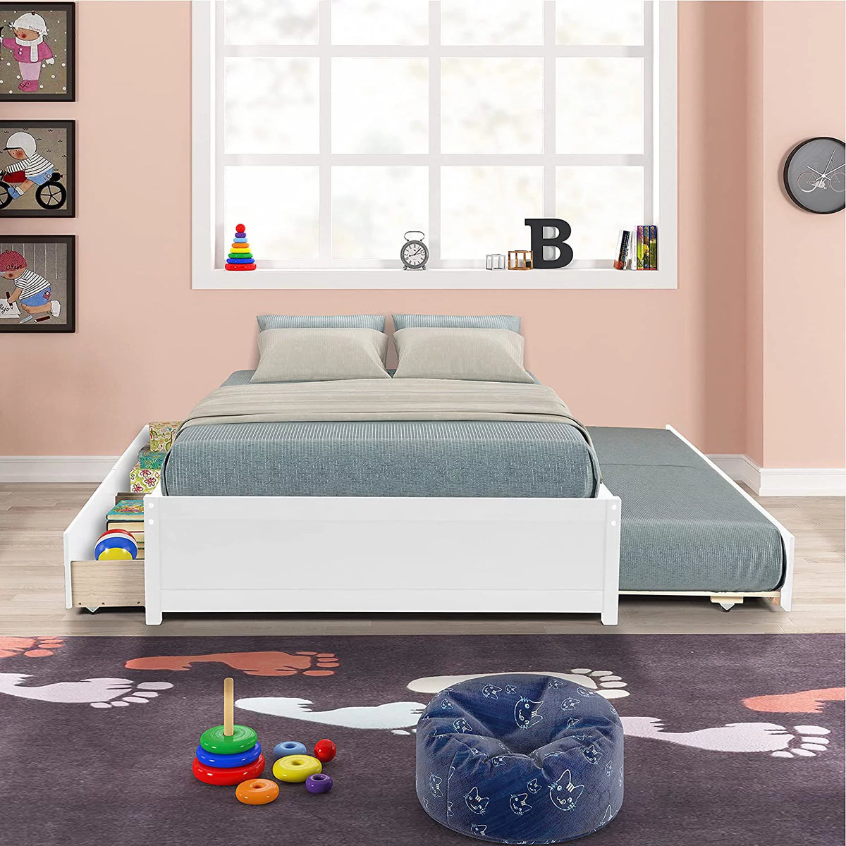 White Full Bed with Trundle and Storage S682817