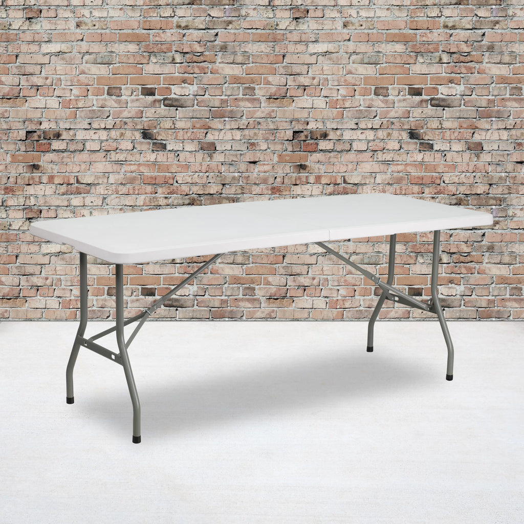 6-Foot Bi-Fold Granite White Plastic Folding Table with Carrying Handle V68978
