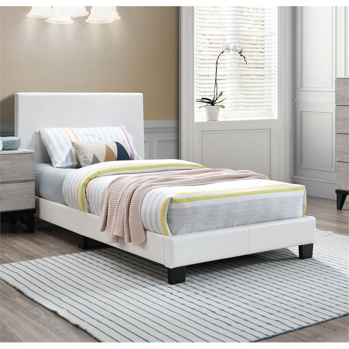 White Twin Faux Leather Bed Frame with 12 Slats U507558