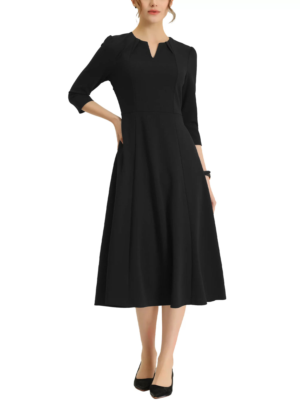 A-Line Dress 3/4 Sleeve Notched V Neck P88277