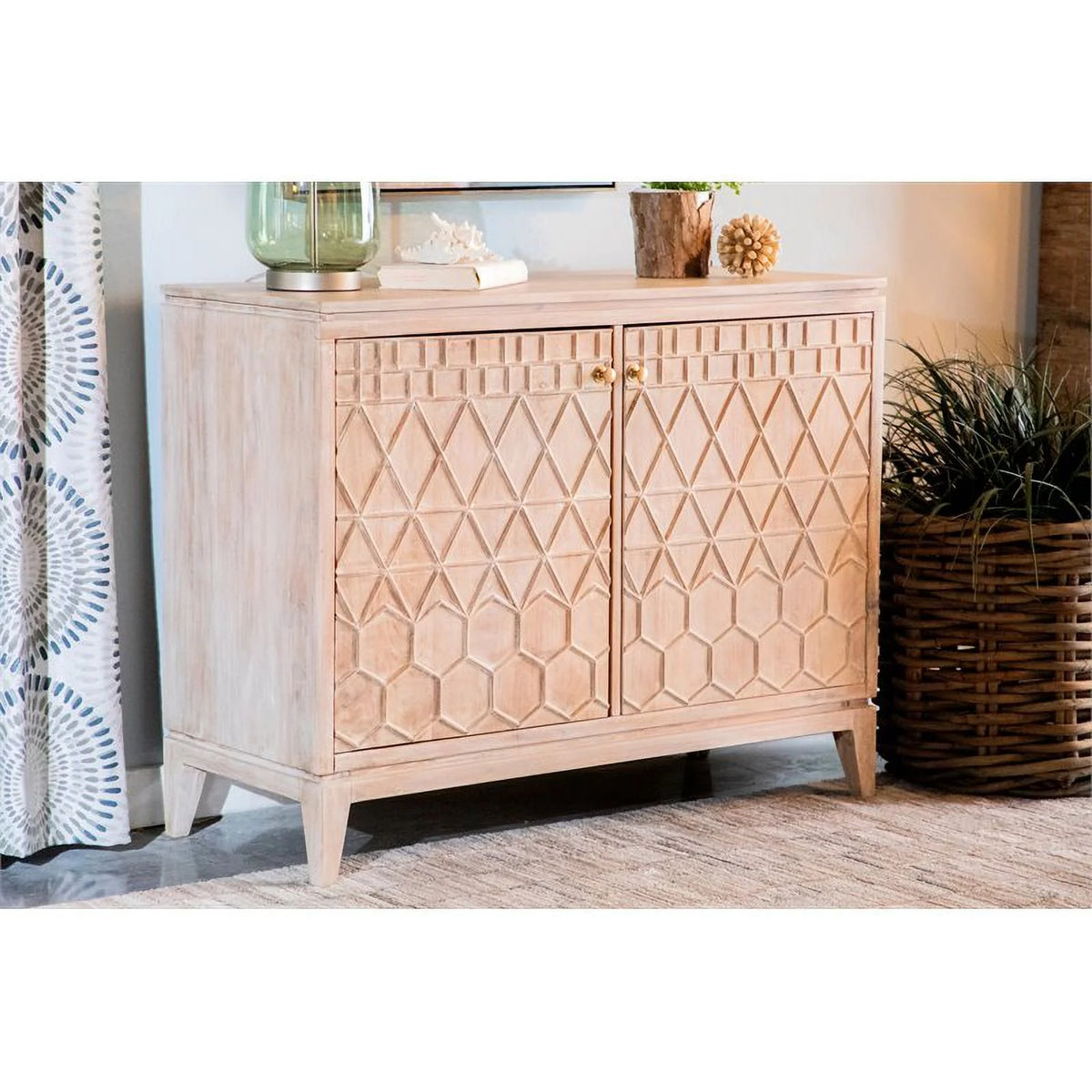 White Distressed 2-door Geometric Accent Cabinet N18952