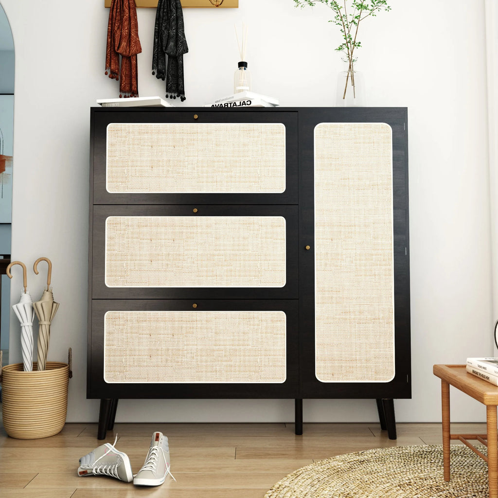 48" Wide Black Wood Shoe Cabinet with 3 Flip Doors V59071