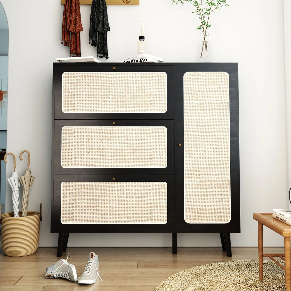 48" Wide Black Wood Shoe Cabinet with 3 Flip Doors V59071