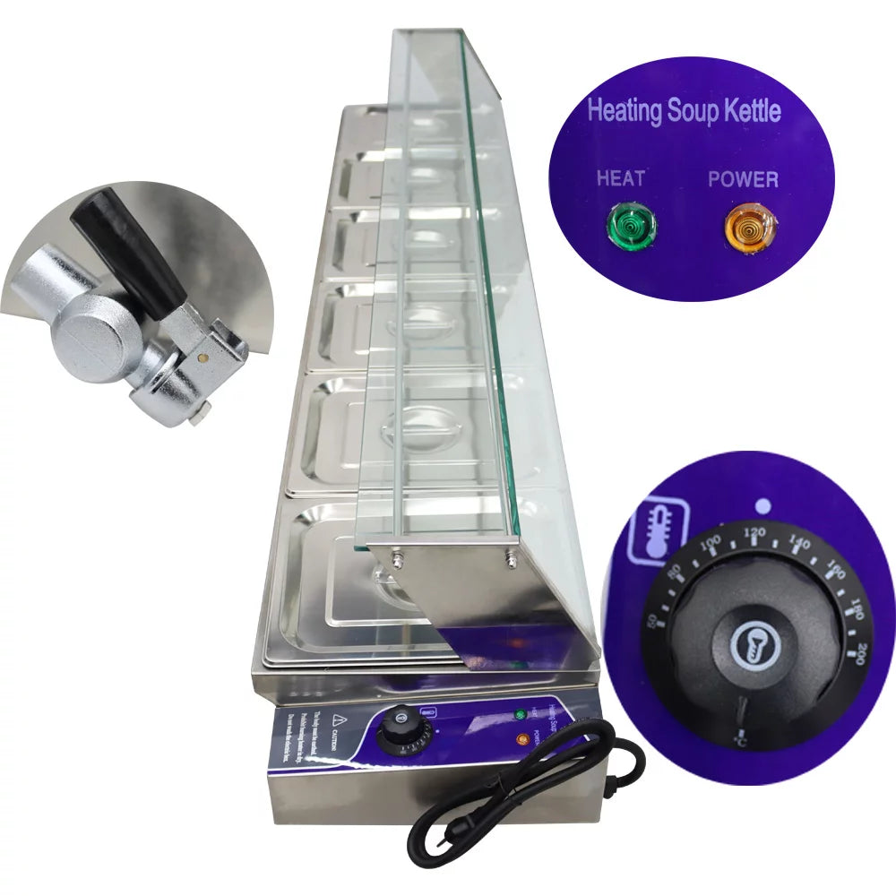 Electric Commercial Bain-marie Buffet Food Warmer Steam Table with Glass Guard 6-Pan B75841
