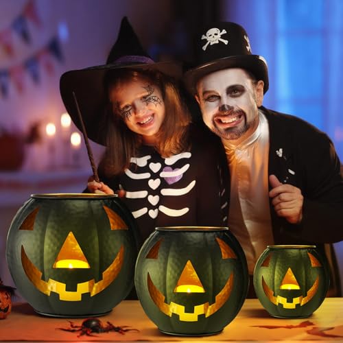 3 Pcs Metal Jack O Lanterns Pumpkin Set with LED Candles C278