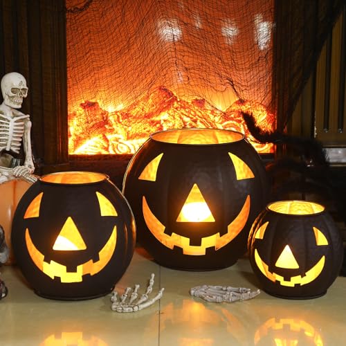3 Pcs Metal Jack O Lanterns Pumpkin Set with LED Candles C278