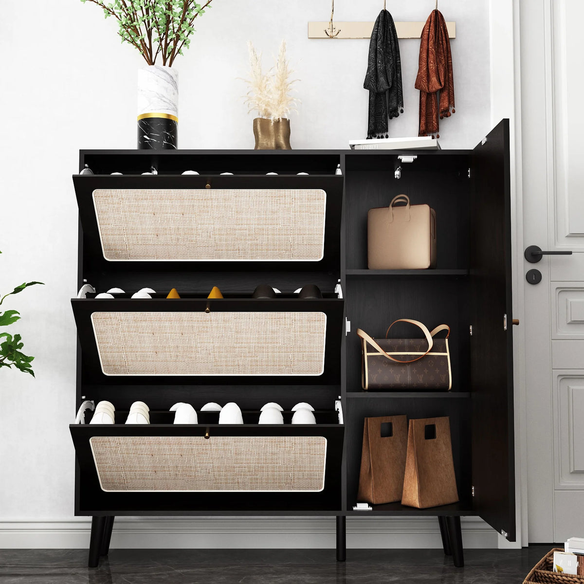 48" Wide Black Wood Shoe Cabinet with 3 Flip Doors V59071