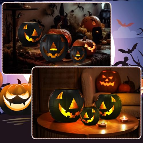 3 Pcs Metal Jack O Lanterns Pumpkin Set with LED Candles C278