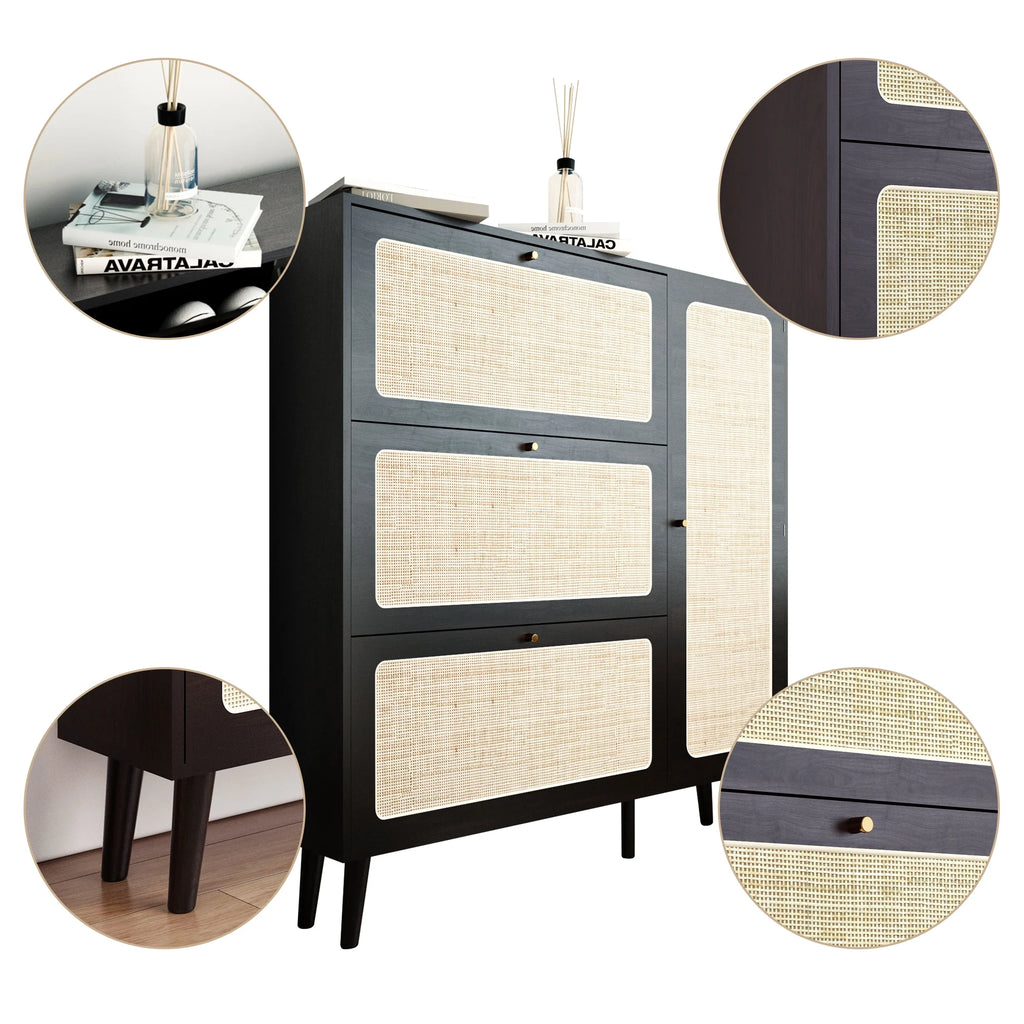 48" Wide Black Wood Shoe Cabinet with 3 Flip Doors V59071