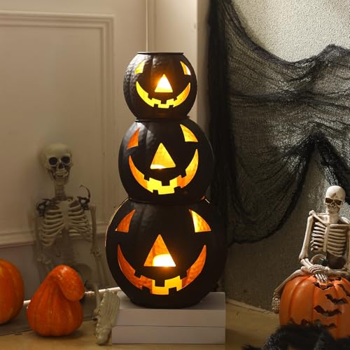 3 Pcs Metal Jack O Lanterns Pumpkin Set with LED Candles C278