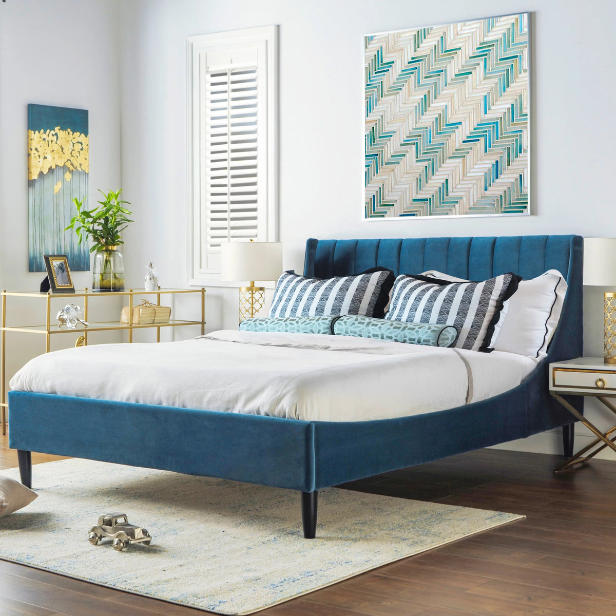 Queen Satin Teal Velvet Tufted Platform Bed E2130