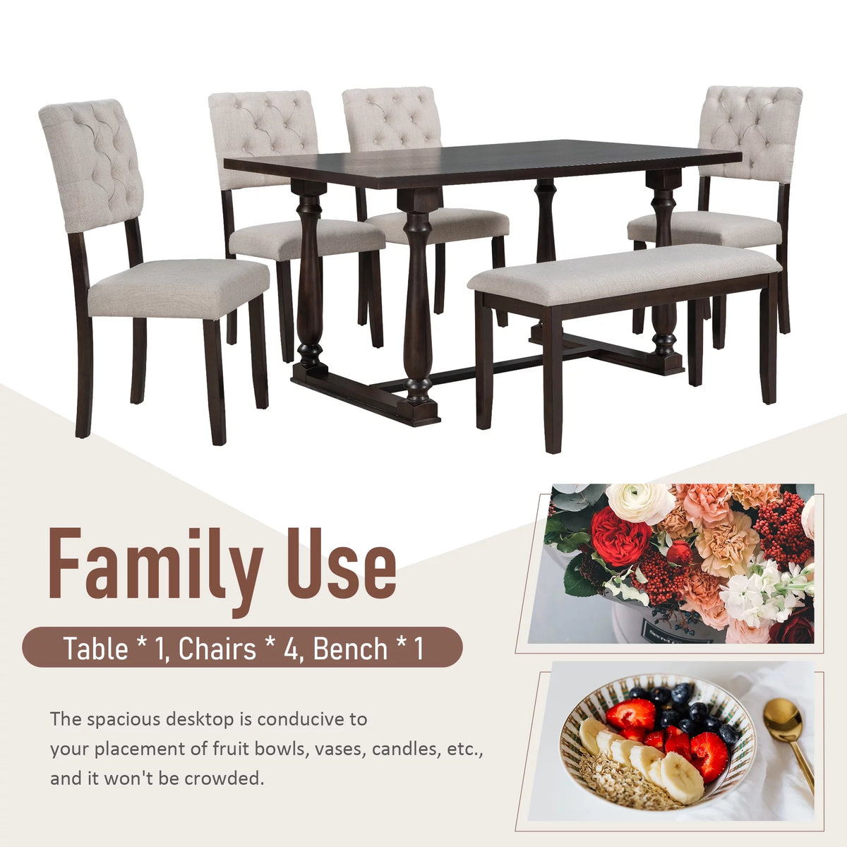 6-Piece Dining Table and Chair Set with Foam-covered Seat Backs D3513