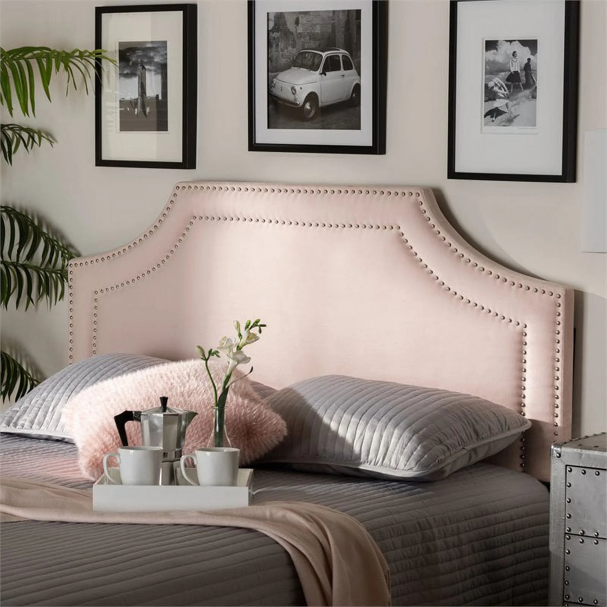 Light Pink Velvet Wood Full Headboard with Adjustable Legs R228