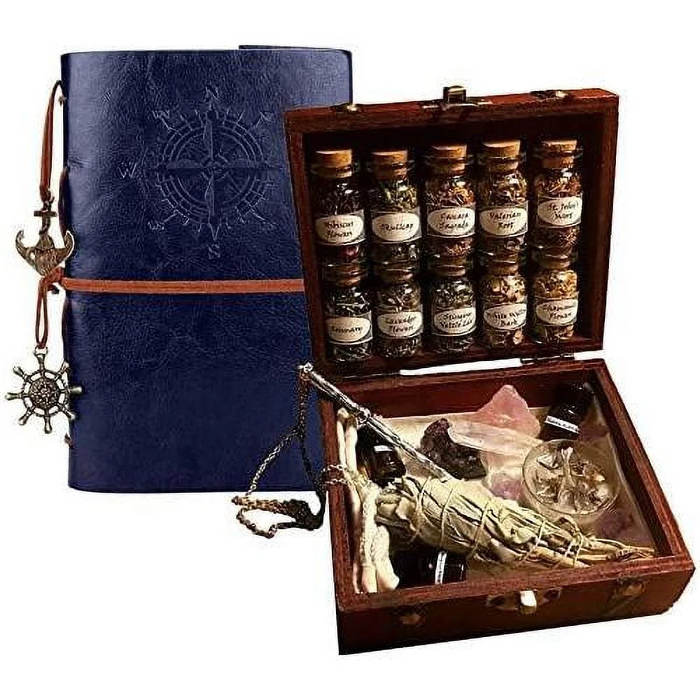 Witchcraft Kit with Wooden Box Sage Incense Rose Quartz Crystals F44827