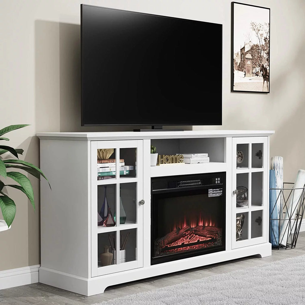 White Wood TV Stand with Glass Door W5672